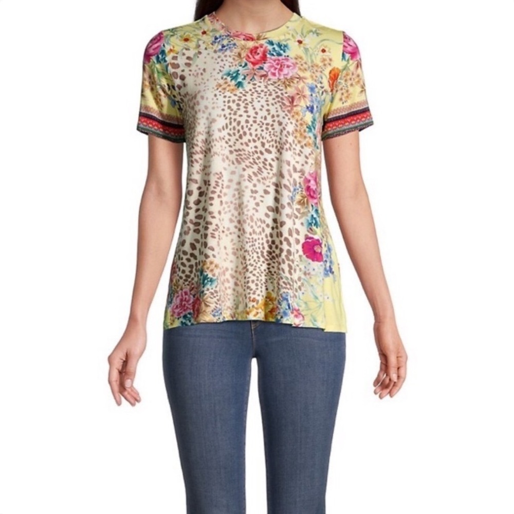 Johnny Was Yellow Floral Leopard Bamboo Short Sleeve Tee Womens Medium